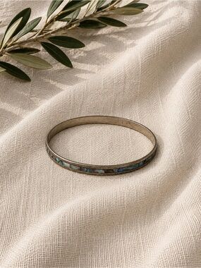 Vintage Alpaca Mexico Abalone Shell Inlay Bangle Bracelet Silver Tone Boho